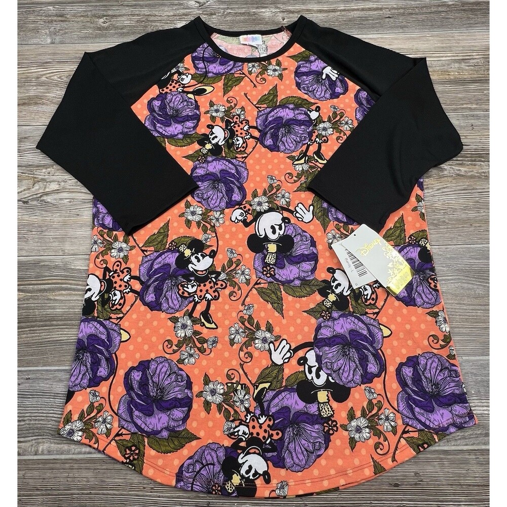 LuLaRoe Disney Minnie Mouse Floral Print Randy Tee Orange/Purple LARGE‎